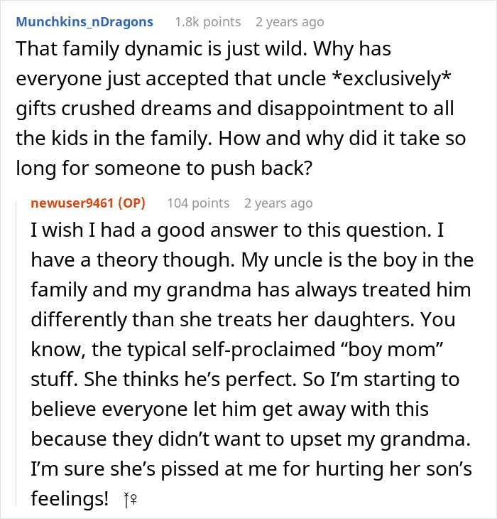 Reddit comments discussing a woman confronting her uncle for gifting kids pictures, causing disappointment.