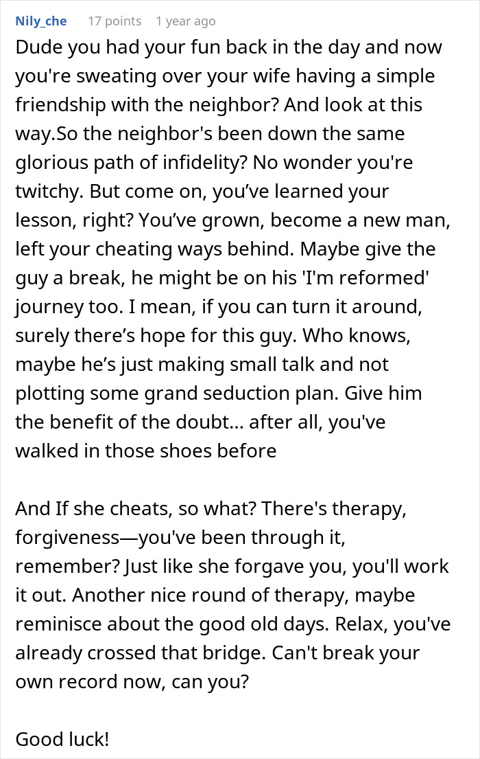 Commenter discussing infidelity and harsh lessons learned by a cheater with no sympathy shown.