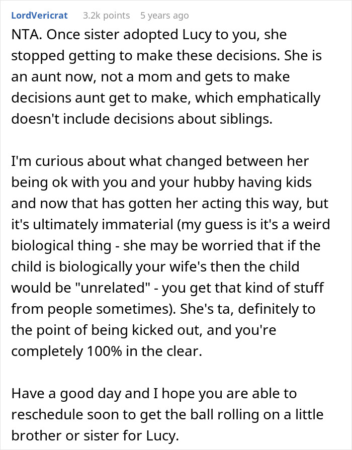 Comment discussing sister adopting a kid and tensions over decisions about having more children.