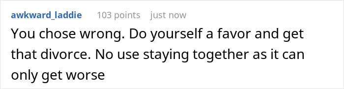 Comment expressing advice to get a divorce due to issues with obsession over low-class ex causing marriage problems.