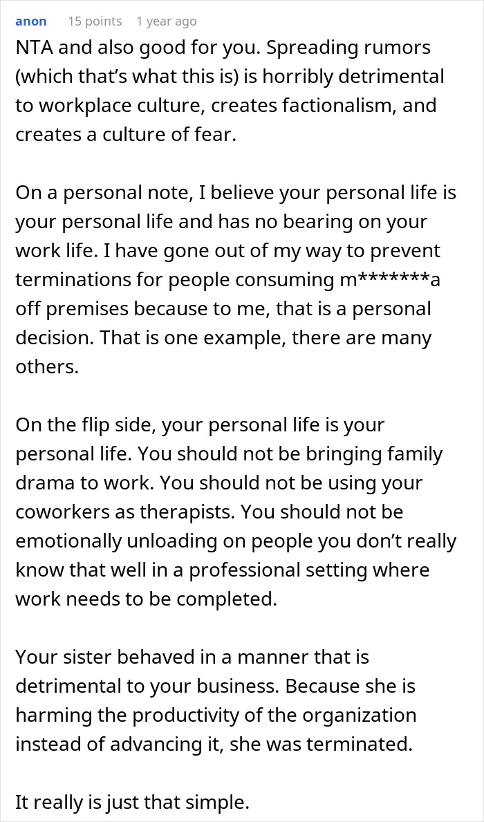 Commenter explaining workplace culture impact and consequences after CEO hires her sister following downsizing.