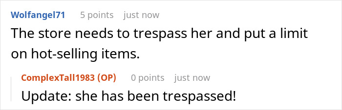 Online discussion about store trespassing and limiting bulk items amid scalper and store ban incident. Online discussion about store trespassing and limiting bulk items amid scalper and store ban incident.