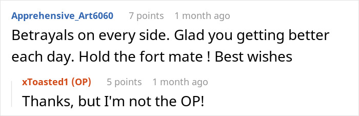A comment thread with text Betrayals on every side. Glad you getting better each day. Hold the fort mate! Best wishes and a reply from a dad. A comment thread with text Betrayals on every side. Glad you getting better each day. Hold the fort mate! Best wishes and a reply from a dad.