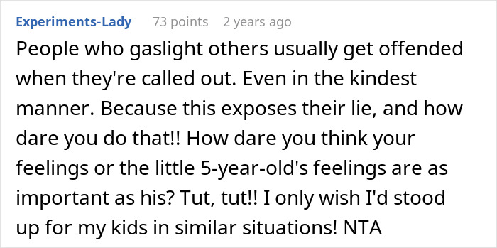 A Reddit comment from a user named Experiments-Lady, discussing confronting uncle for gifting kids pictures.