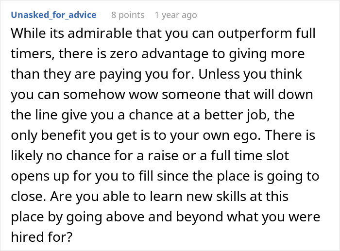 Screenshot of an online forum post discussing management chewing out a worker for going the extra mile without thanks.