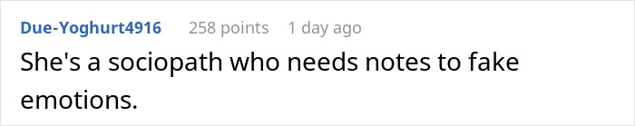 Screenshot of a forum comment describing a sociopath who needs notes to fake emotions, related to feeling like a science experiment.