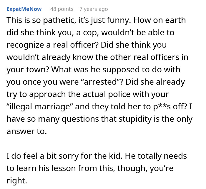 Screenshot of a Reddit comment discussing a homophobic MIL&rsquo;s fake cop attempt against her son&rsquo;s boyfriend who is a real police officer.