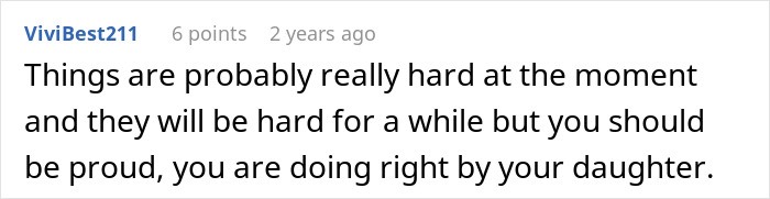 A Reddit comment by user ViviBest211 offering support and encouragement, stating "you are doing right by your daughter." This relates to the challenges faced by families with a donor baby.