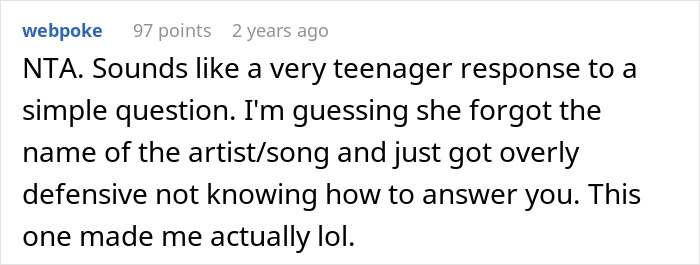 Screenshot of a forum comment discussing a woman using Shazam to identify a song, and a cousin’s emotional reaction. Screenshot of a forum comment discussing a woman using Shazam to identify a song, and a cousin’s emotional reaction.