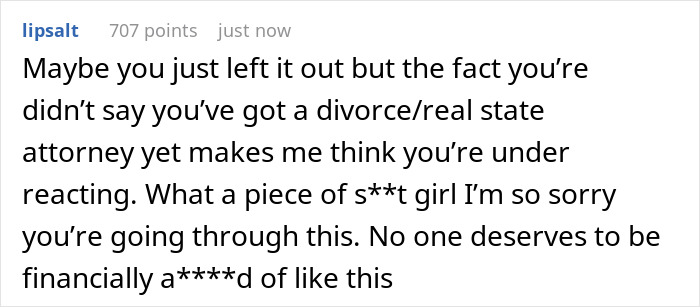 Reddit comment addressing a user's husband house hoarder finances dilemma, advising legal action.