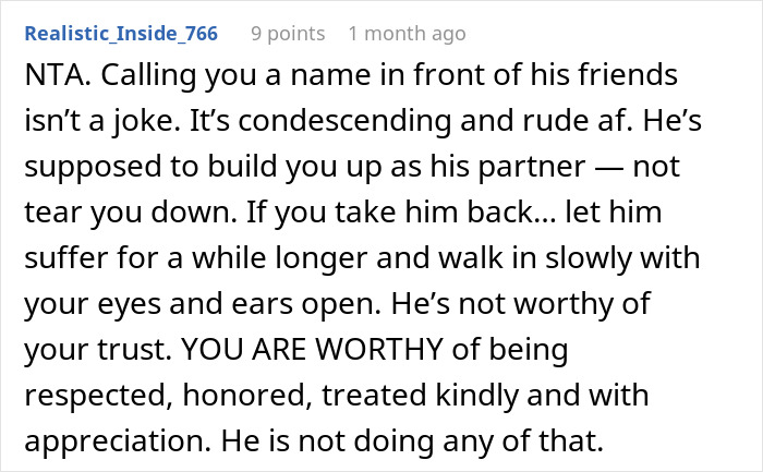 Screenshot of a text comment discussing respect and liberation in a relationship ended over one cent.