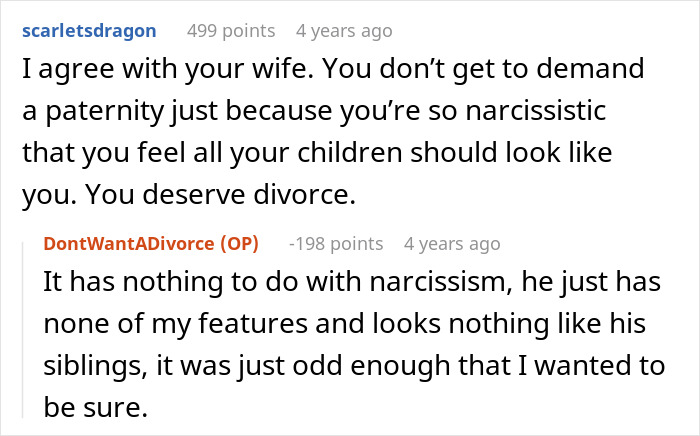 A reddit thread where a man demands a paternity test for his middle son. Other users condemn his actions.