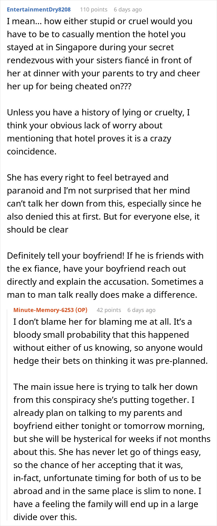 Reddit post discussing a woman accused of sleeping with her sister&rsquo;s fianc&eacute; over a coincidence and family disbelief.