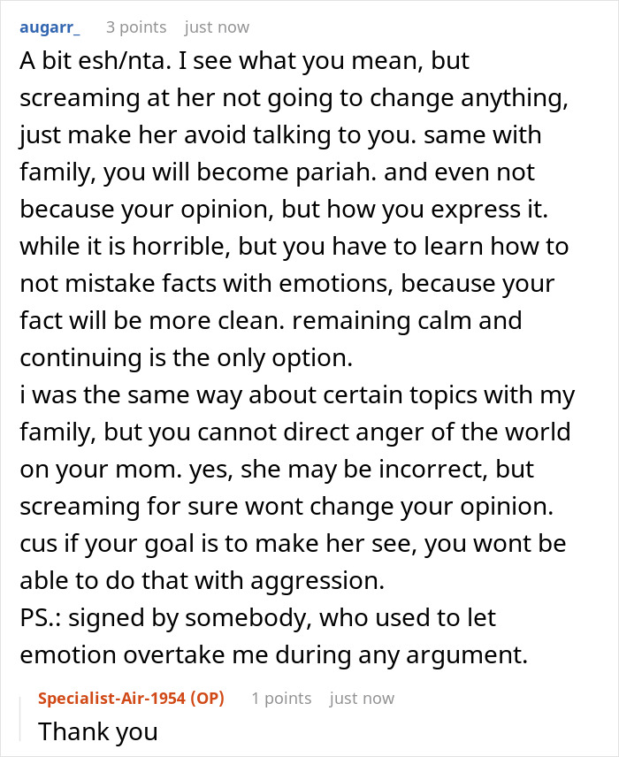 Screenshot of a Reddit comment discussing a wealthy mom's hypocrisy about house help treated as family but kept in a shed.