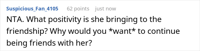 Screenshot of a comment criticizing a woman for testing her friend to remind her to show appreciation in their friendship.