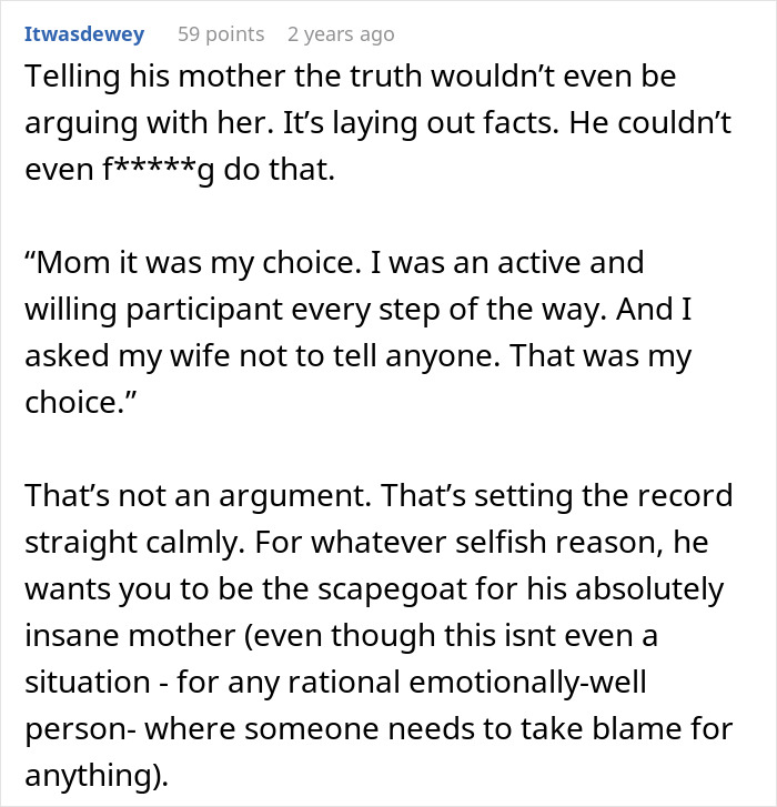 A screenshot of a Reddit comment discussing a man's reluctance to tell his mother about his donor baby.