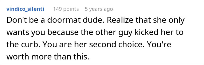 Reddit comment advising a man not to be a doormat, highlighting his value amid marriage and divorce struggles.