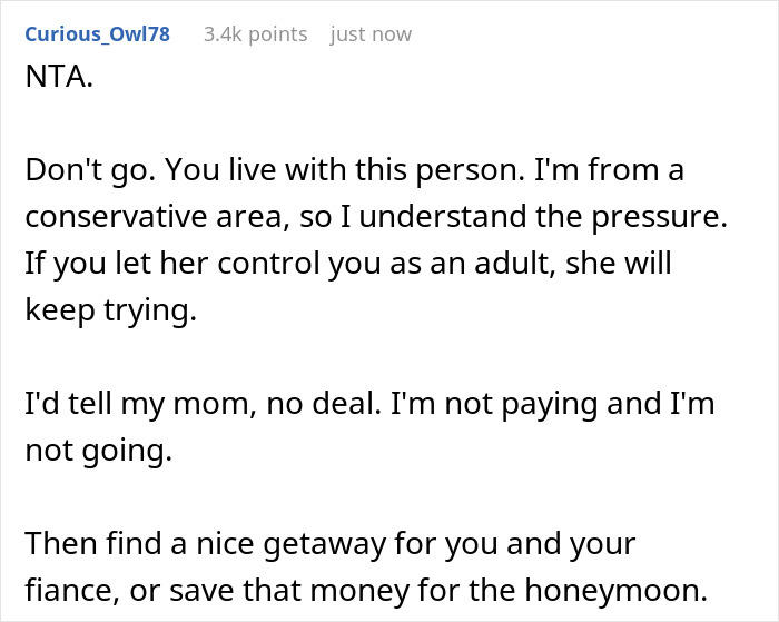 Woman faces dilemma as mother controls her sleeping arrangement with wife-to-be before wedding, causing tension.
