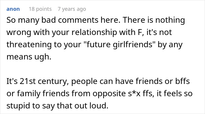 Screenshot of a comment discussing relationships and female friends close to family in modern dating contexts. Screenshot of a comment discussing relationships and female friends close to family in modern dating contexts.
