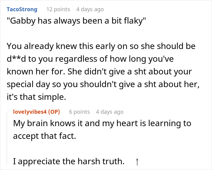 Reddit comment offering advice on a best friend skipping a wedding, emphasizing the bride's heartbreak.
