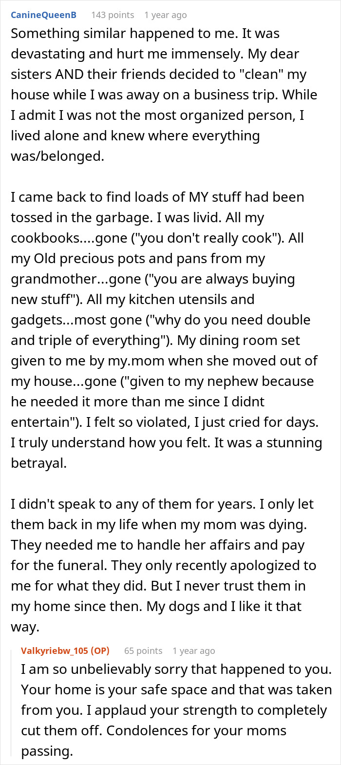 A Reddit thread post from a user named CanineQueenB detailing how a woman's house was left in disarray after her MIL's cleaning frenzy.