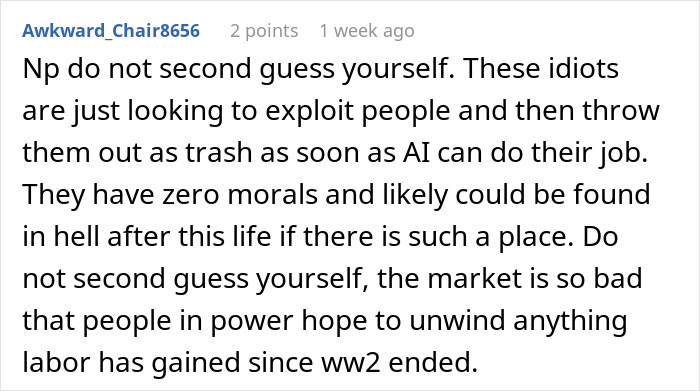 Reddit comment from Awkward_Chair8656 on companies exploiting people, relating to a job candidate's speechless interview.