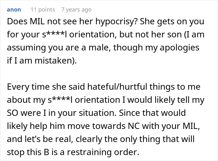 Comment discussing homophobic MIL trying to get son&rsquo;s boyfriend arrested while son is a real police officer himself.