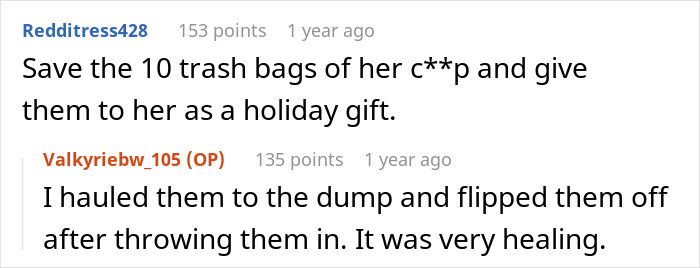 A Reddit user's comment suggesting to save 10 trash bags for a holiday gift in response to a woman's different house MIL experience.