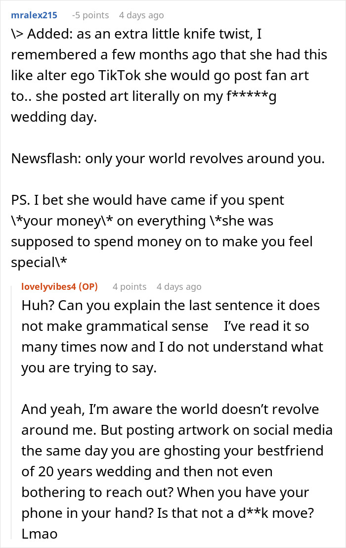 Reddit thread discusses a best friend skipping a wedding, hurting the bride's heart, and posting art instead.