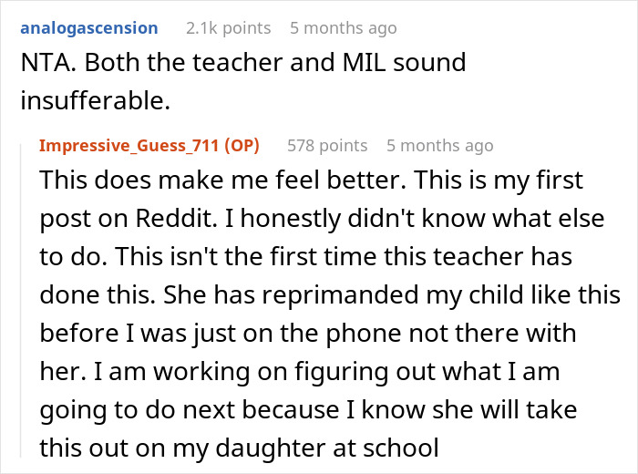 Comments from Reddit users discussing a teacher grabbing kids in front of a mom and being called out for it.