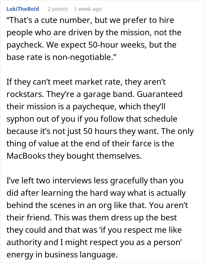 Screenshot of a reddit comment discussing a job offer, illustrating why a job candidate might hang up mid-interview.