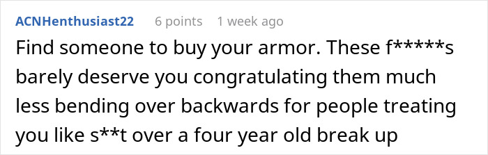 Screenshot of a Reddit comment discussing betrayal and resentment after an ex-girlfriend cheats and causes wedding drama. Screenshot of a Reddit comment discussing betrayal and resentment after an ex-girlfriend cheats and causes wedding drama.