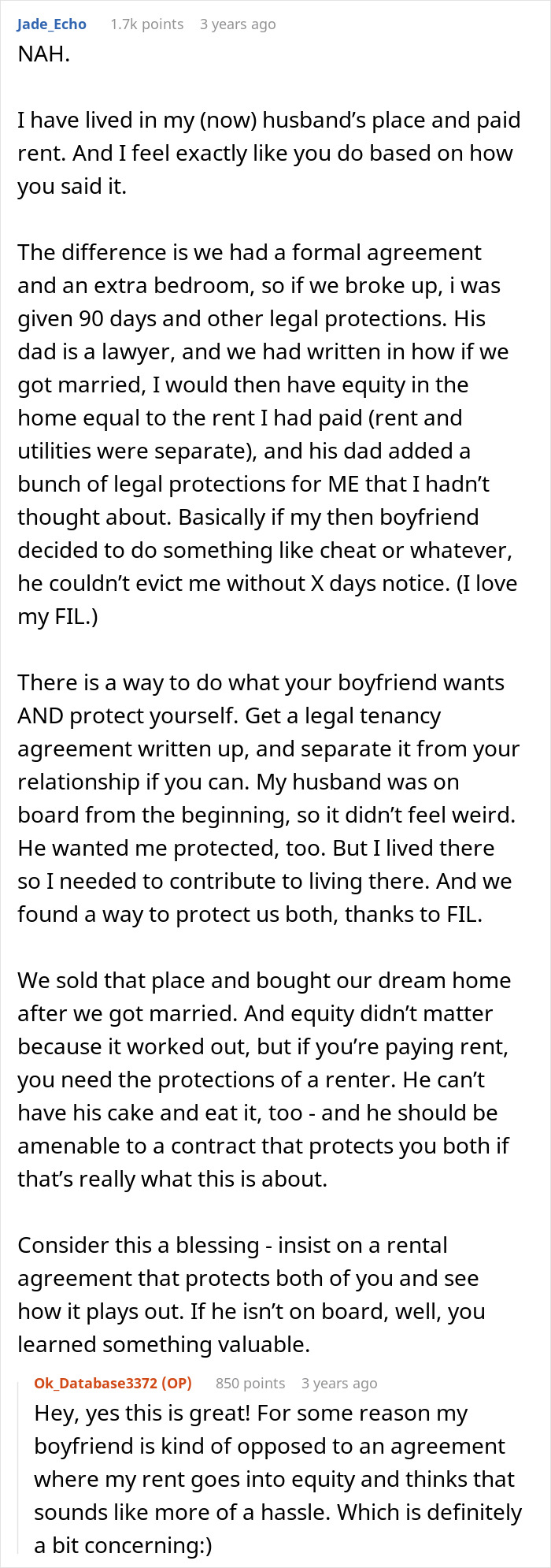 A screenshot of a Reddit thread discussing a woman's refusal to split her BF's mortgage 50/50 without being on the deed.
