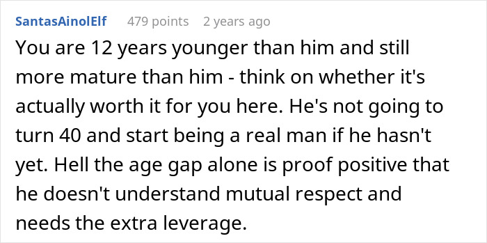 A Reddit comment discussing relationships and maturity, offering advice related to a man's behavior and a donor baby.