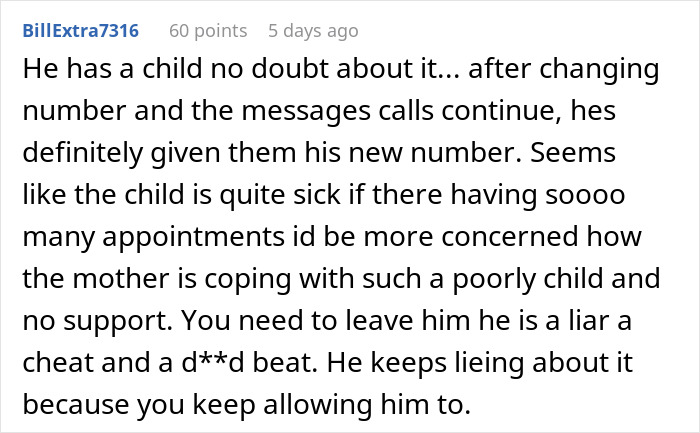 A Reddit comment discussing a husband's suspicious behavior, suggesting he has a secret child and is a liar.