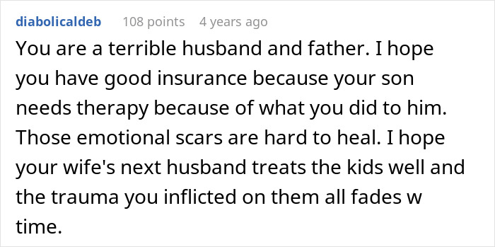 A Reddit comment condemning a father's actions that led to him losing his whole family after demanding a paternity test.