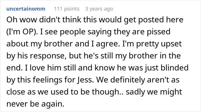 Screenshot of a Reddit comment explaining feelings about SIL feeding info to unstable ex, with a pregnant woman cutting ties.