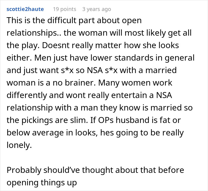 Comment discussing challenges in open relationships, focusing on women rediscovering themselves after open marriage proposal. Comment discussing challenges in open relationships, focusing on women rediscovering themselves after open marriage proposal.