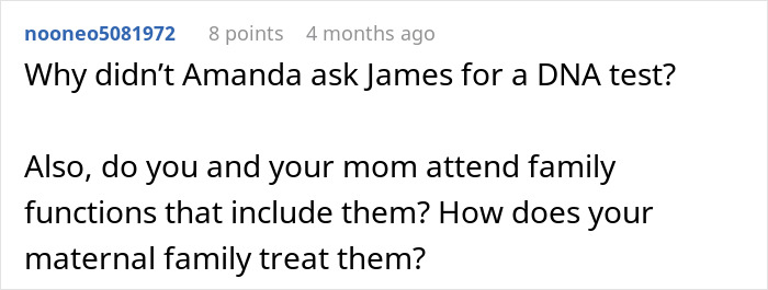 Screenshot of a forum comment discussing family dynamics, DNA tests, and child support issues sparking drama.
