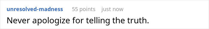 A Reddit post showing username unresolved-madness, 55 points, just now, and the text Never apologize for telling the truth, relating to a pregnant GF.