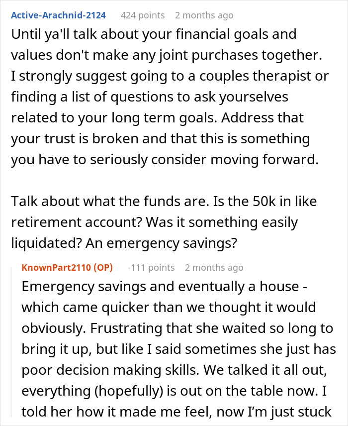 Reddit comments discussing trust issues after girlfriend pretended to be broke despite having 50K in savings revealed.
