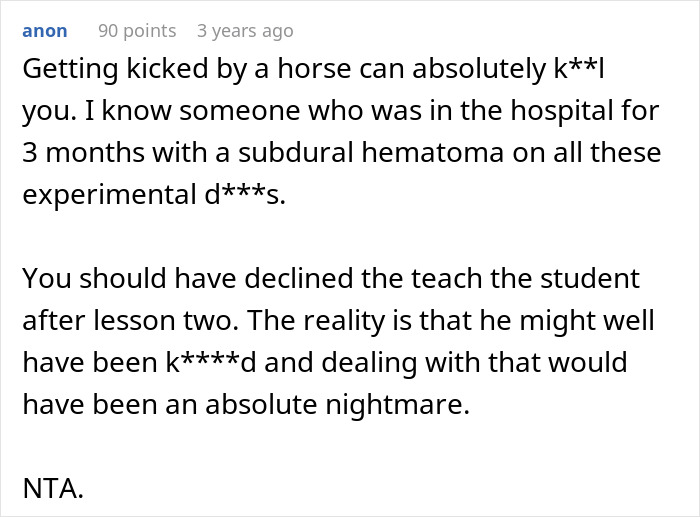 A screenshot of a Reddit comment discussing the danger of horses and a disruptive kid at a stable.