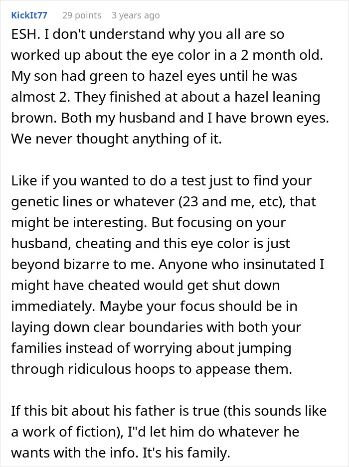 A Reddit post about infidelity and a DNA test. The user shares a personal story about eye color changing and questions the need for a DNA test regarding infidelity accusations.
