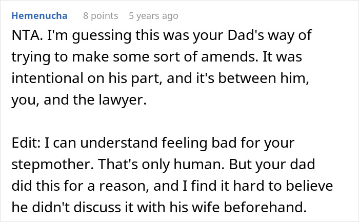 Comment discussing estranged dad leaving inheritance to daughter and stepmom demanding equal share of estate.