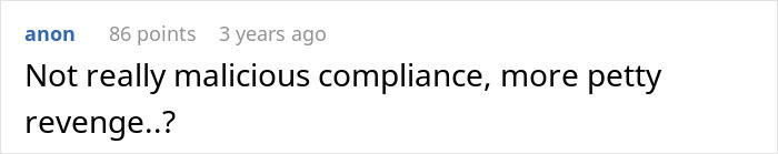 Screenshot of a Reddit comment discussing petty revenge by an employee against a colleague who exposed their late arrival.