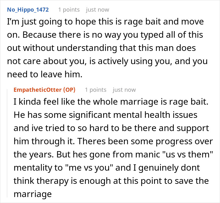 A Reddit discussion showing posts by No_Hippo_1472 and EmpatheticOtter, highlighting issues like a heartbroken wife and cervical cancer.