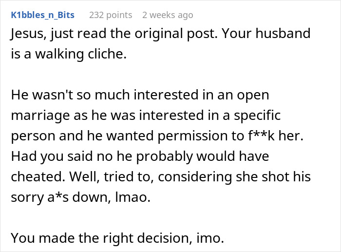 Reddit user discusses open marriage dynamics and a woman rediscovering herself after her husband proposes it. Reddit user discusses open marriage dynamics and a woman rediscovering herself after her husband proposes it.