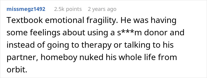 A Reddit comment by missmegz1492 on a man's emotional fragility over his donor baby. The text discusses him ruining his family.