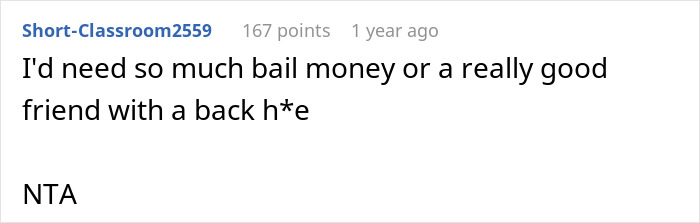 A Reddit comment from Short-Classroom2559 about needing bail money, relevant to a woman's house troubles due to MIL.