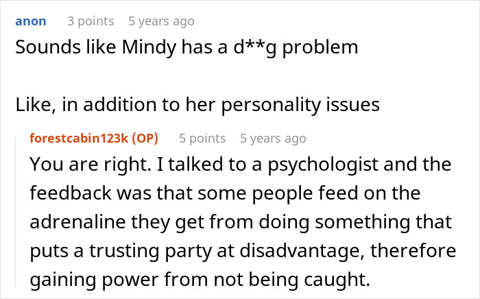 Reddit conversation discussing a woman involved in cheating and scamming, with insights on her personality issues.